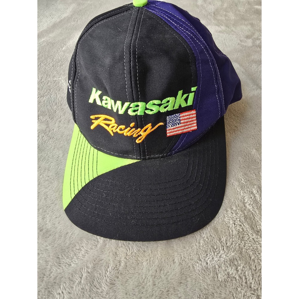 Vintage Kawasaki Racing Snapback Hat Cap Black Purple Neon Green USA Flag